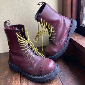 STEEL brand combat style boots, steel toe, Burgundy, galvanized, made in Europe